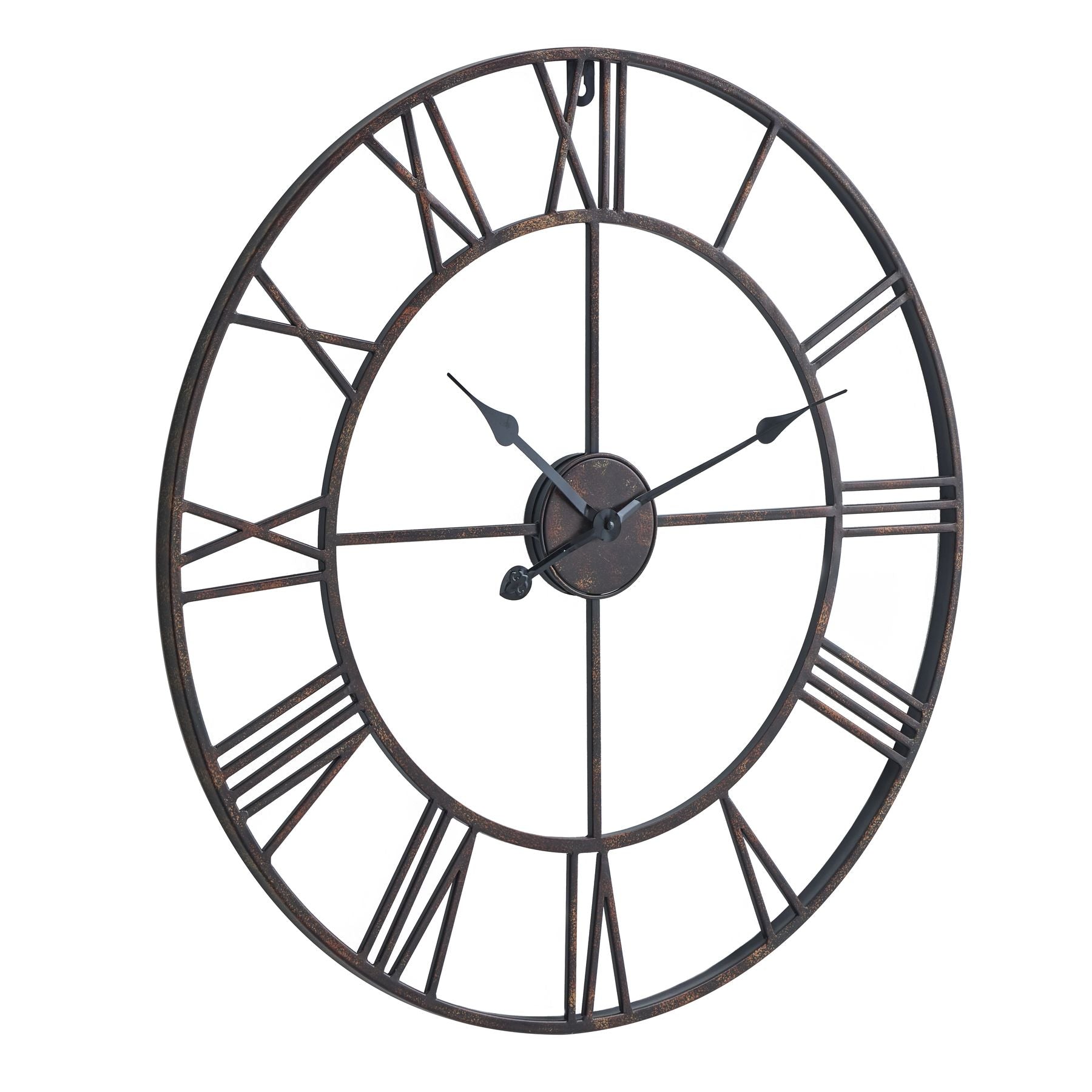 Antique bronze wall clock with open skeleton design and slender Roman numerals, blending modern and traditional styles.