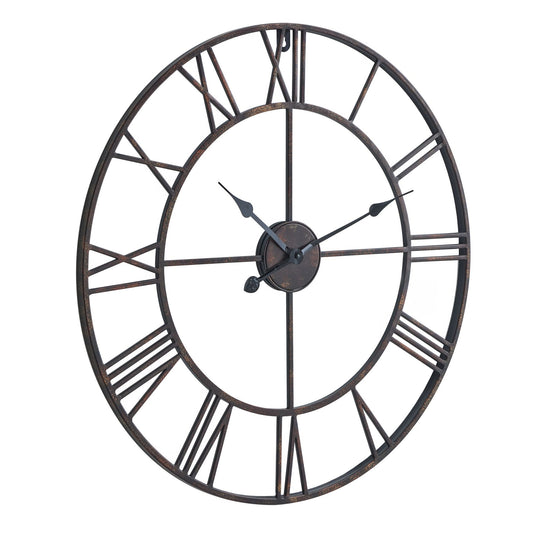 Antique bronze wall clock with open skeleton design and slender Roman numerals, blending modern and traditional styles.