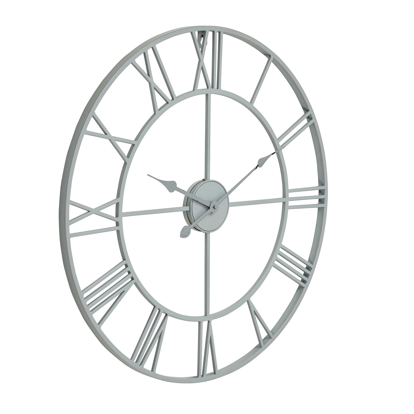 Grey skeleton wall clock with oversized open framework and elegant Roman numerals, crafted from minimalist metal for durability.