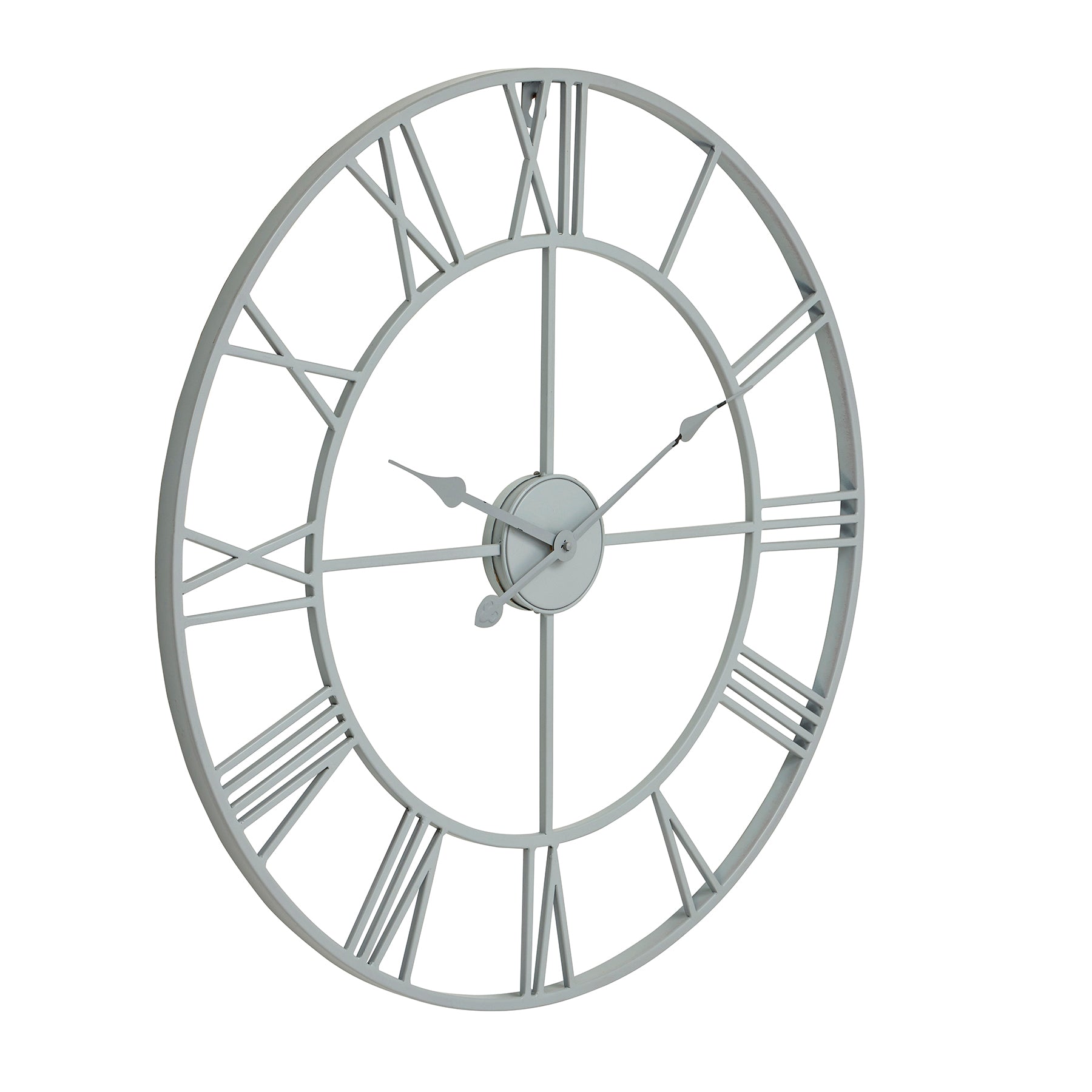 Grey skeleton wall clock with oversized open framework and elegant Roman numerals, crafted from minimalist metal for durability.