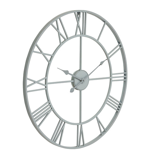 Grey skeleton wall clock with oversized open framework and elegant Roman numerals, crafted from minimalist metal for durability.