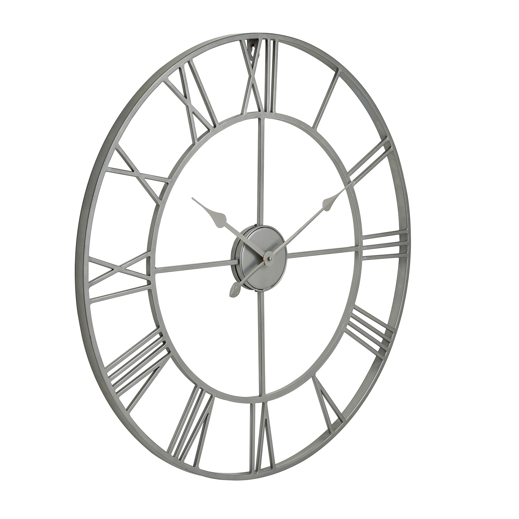 Elegant silver skeleton wall clock with an open-frame design and precise quartz mechanism, adding modern sophistication to any space.