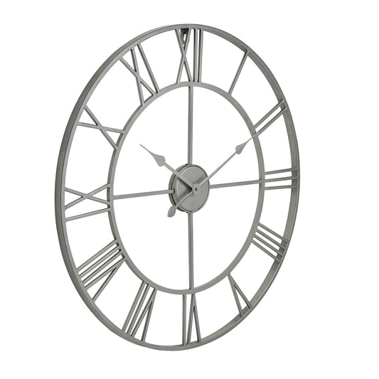 Elegant silver skeleton wall clock with an open-frame design and precise quartz mechanism, adding modern sophistication to any space.