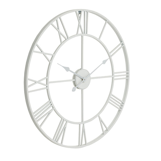 Sleek white skeleton wall clock featuring minimalist design and elegant Roman numerals, perfect for modern and classic interiors.