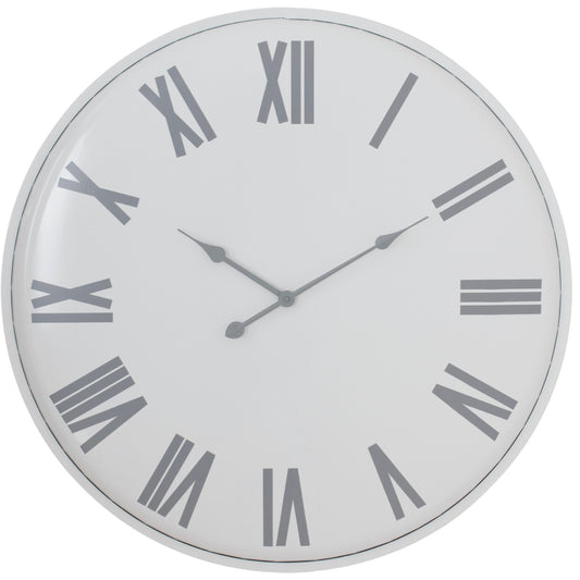 Large white wall clock with refined gray Roman numerals and sleek hands, perfect for adding timeless elegance to any room.