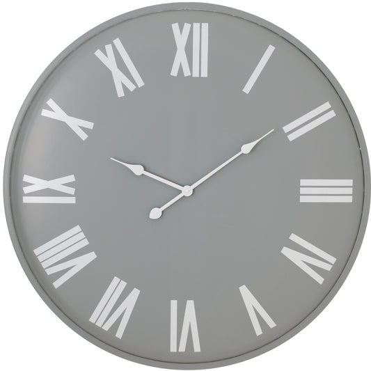 Large round wall clock featuring a light grey background and bold white Roman numerals and hands, measuring 80cm in diameter.