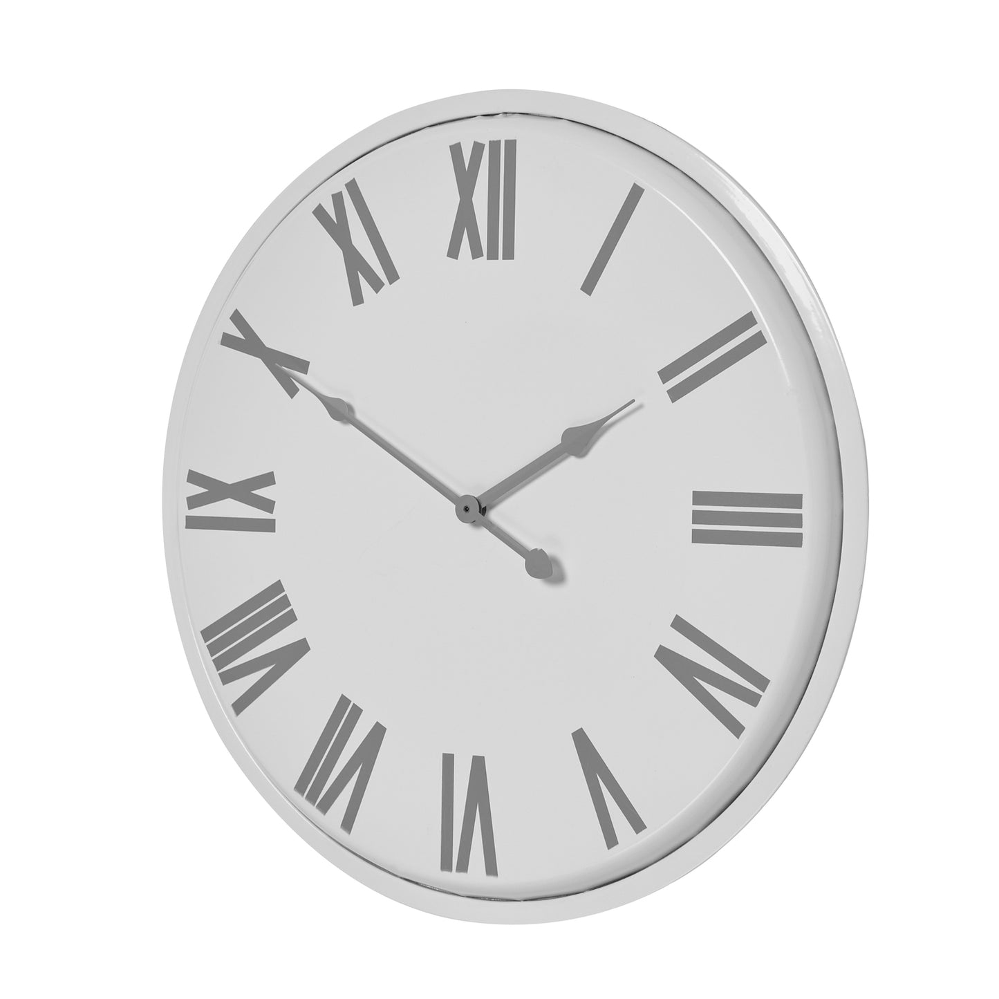 Sleek white wall clock with Roman numerals and elegant silver hands, blending modern and classic design for stylish decor.