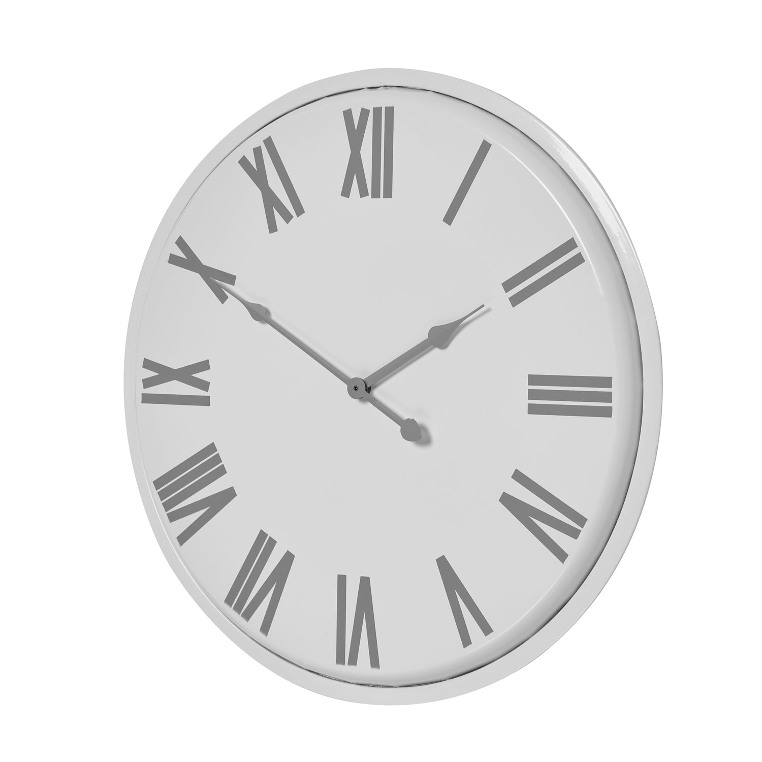 Sleek white wall clock with Roman numerals and elegant silver hands, blending modern and classic design for stylish decor.
