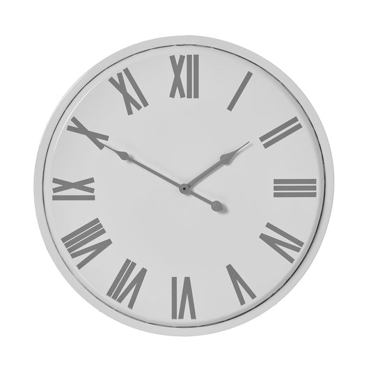 White wall clock featuring Roman numerals and sleek gray hands, designed for timeless elegance and refined sophistication.