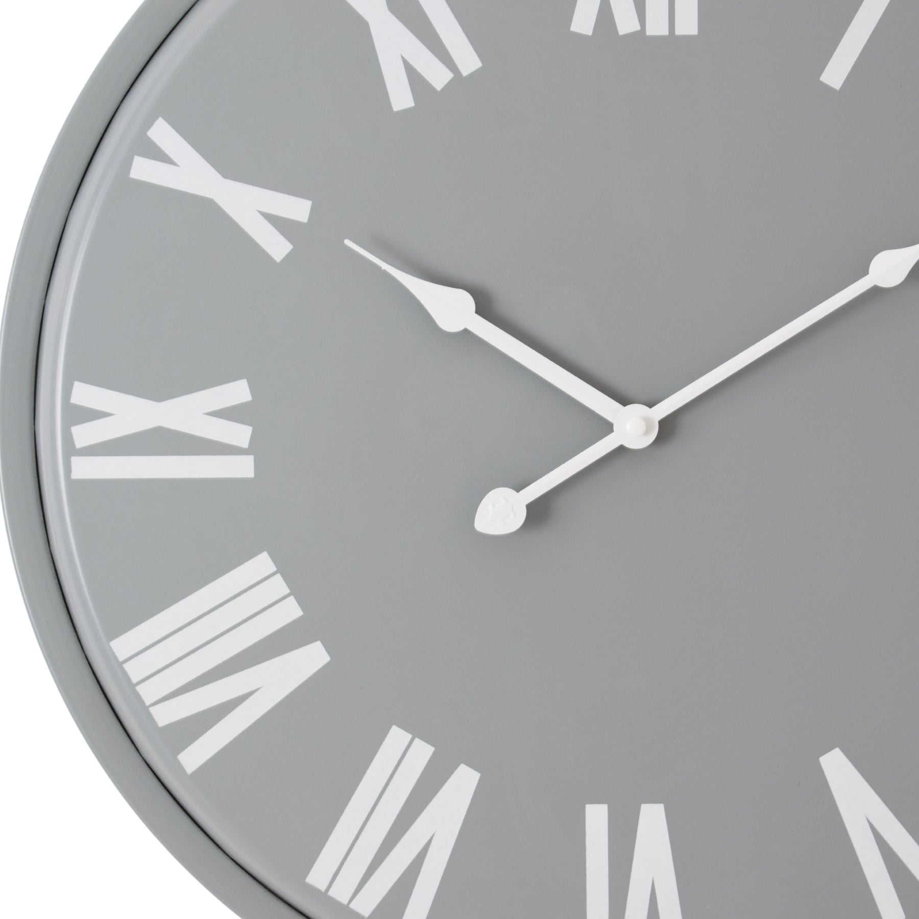 Sleek round wall clock with a soft grey face, white Roman numerals, and hands, measuring 49cm in diameter.