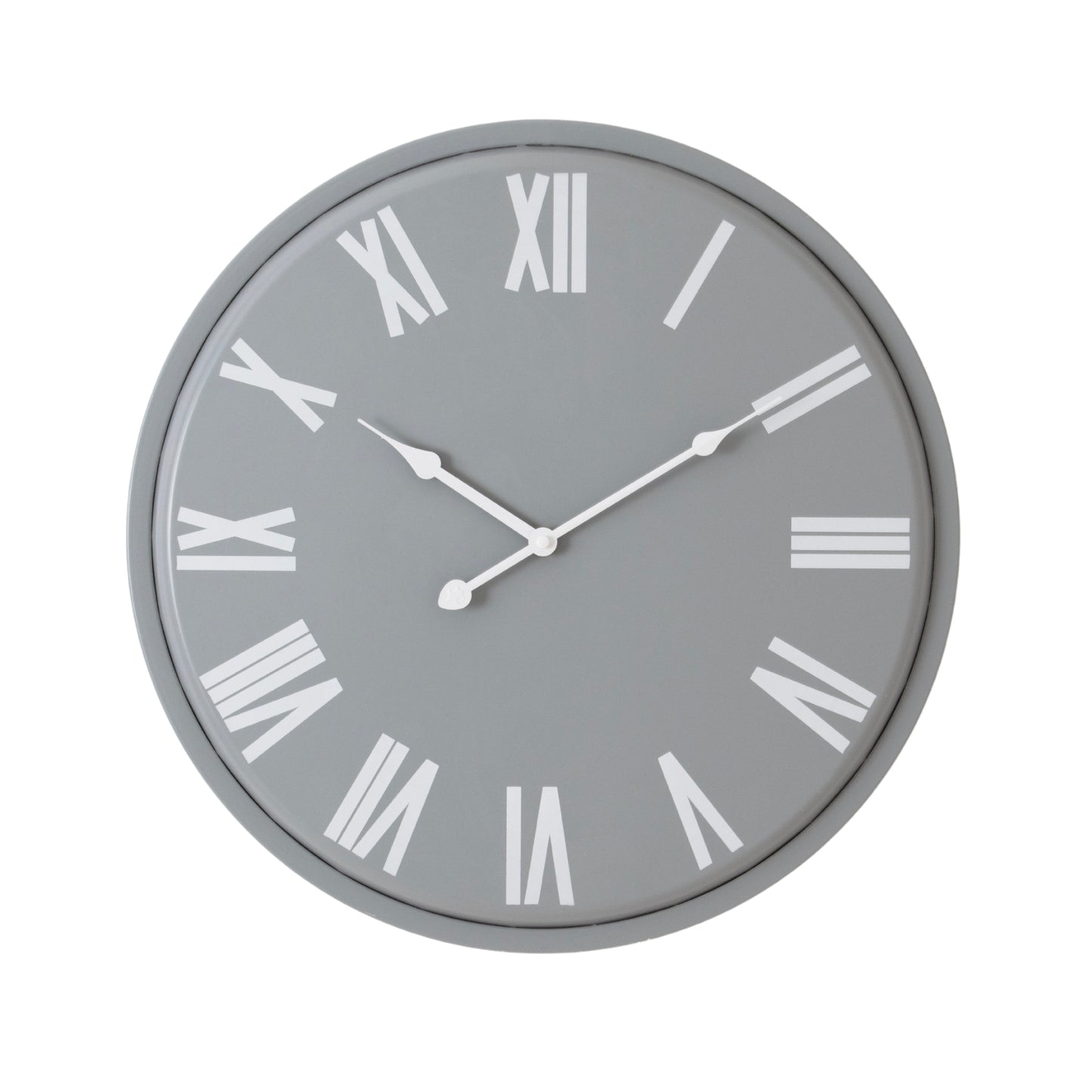 Sleek grey wall clock with bold white Roman numerals and hands, featuring a modern minimalist design and 49cm diameter.