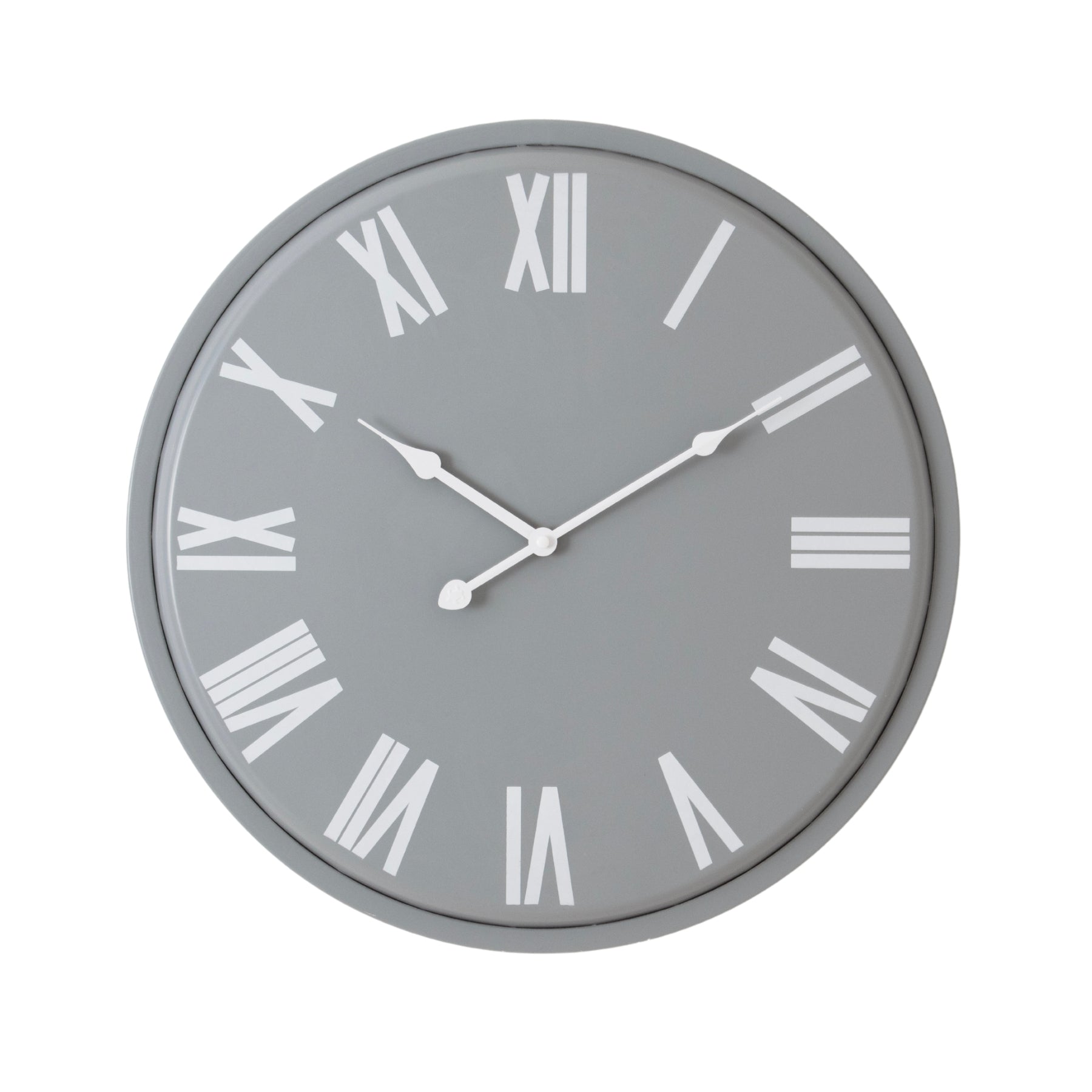 Sleek grey wall clock with bold white Roman numerals and hands, featuring a modern minimalist design and 49cm diameter.