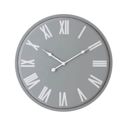 Sleek grey wall clock with bold white Roman numerals and hands, featuring a modern minimalist design and 49cm diameter.