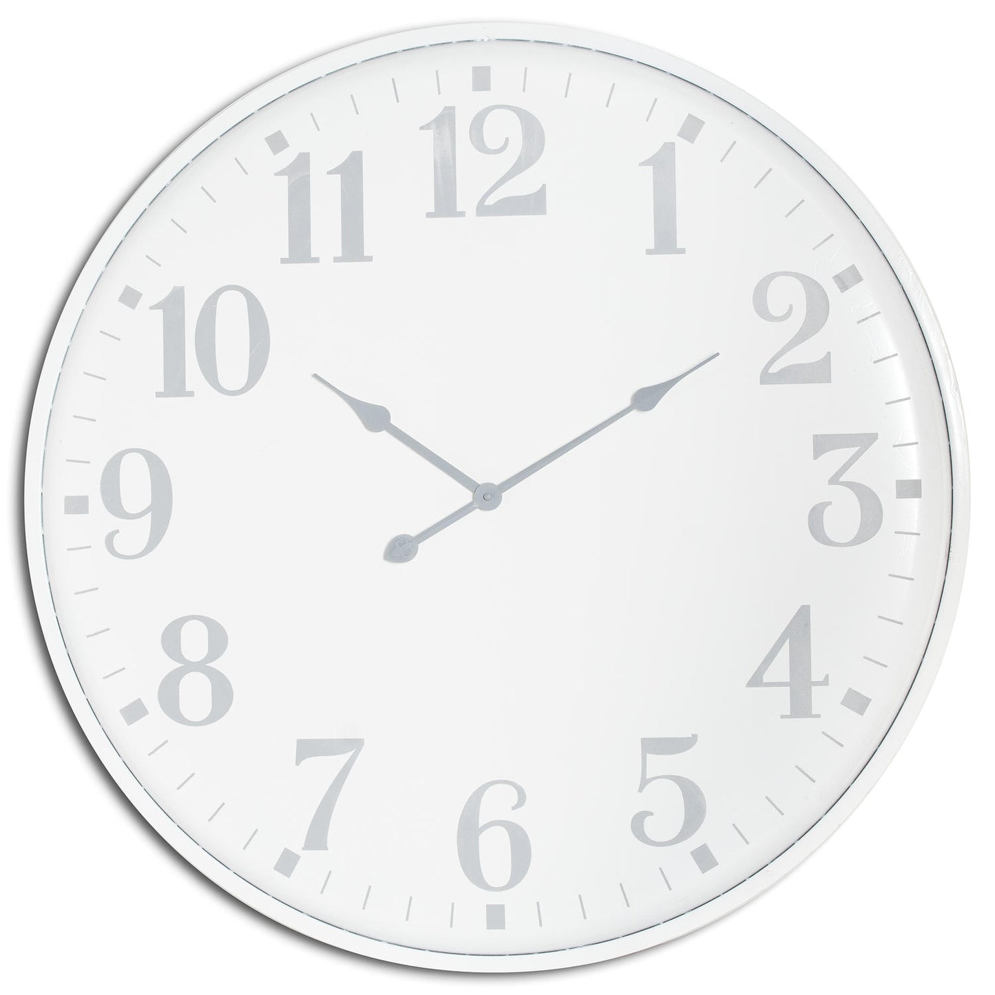 Large white wall clock with elegant silver numerals and hands, featuring a minimalist design perfect for any interior.