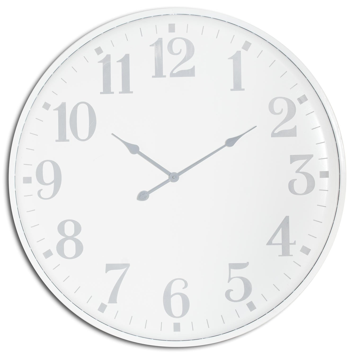 Large white wall clock with elegant silver numerals and hands, featuring a minimalist design perfect for any interior.