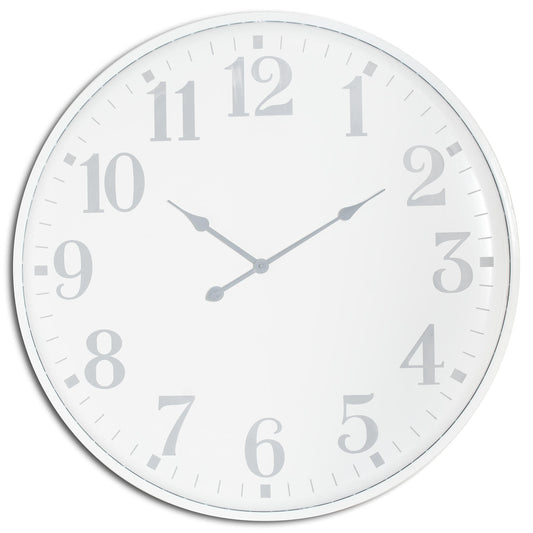 Large white wall clock with elegant silver numerals and hands, featuring a minimalist design perfect for any interior.