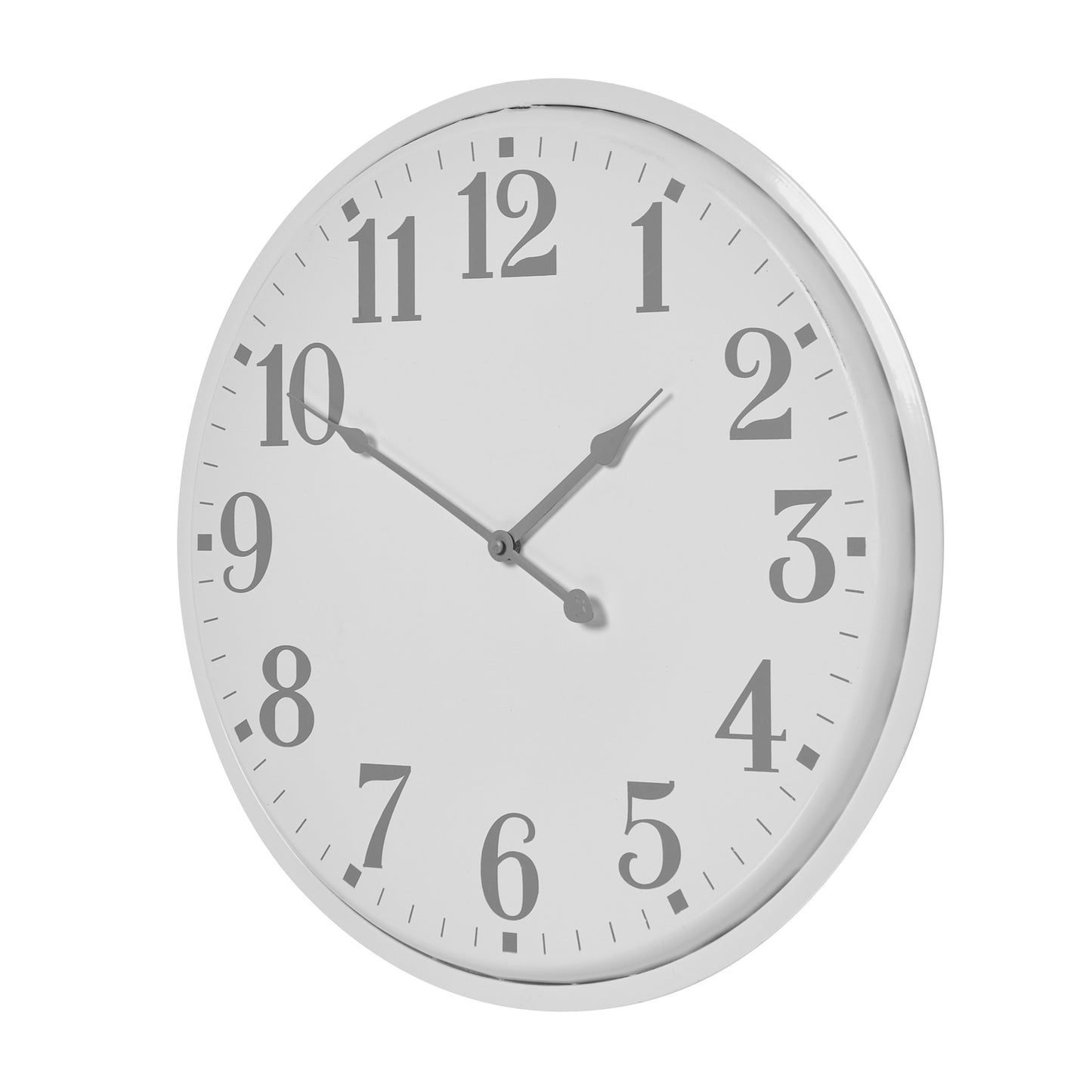 Sleek white wall clock featuring a bold circular design, clear numerals, and minimalist metalwork for modern decor.