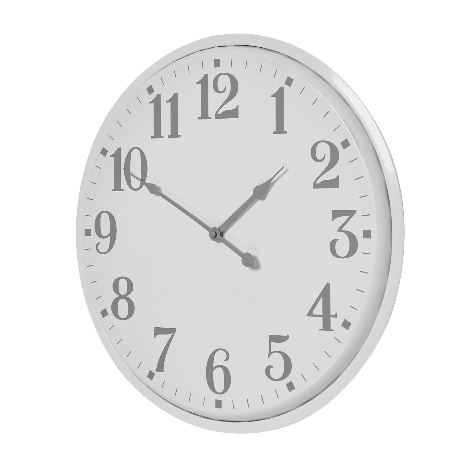 Sleek white wall clock featuring a bold circular design, clear numerals, and minimalist metalwork for modern decor.