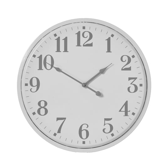 Bold white circular wall clock with clean lines and large gray numbers, adding modern sophistication to any decor.