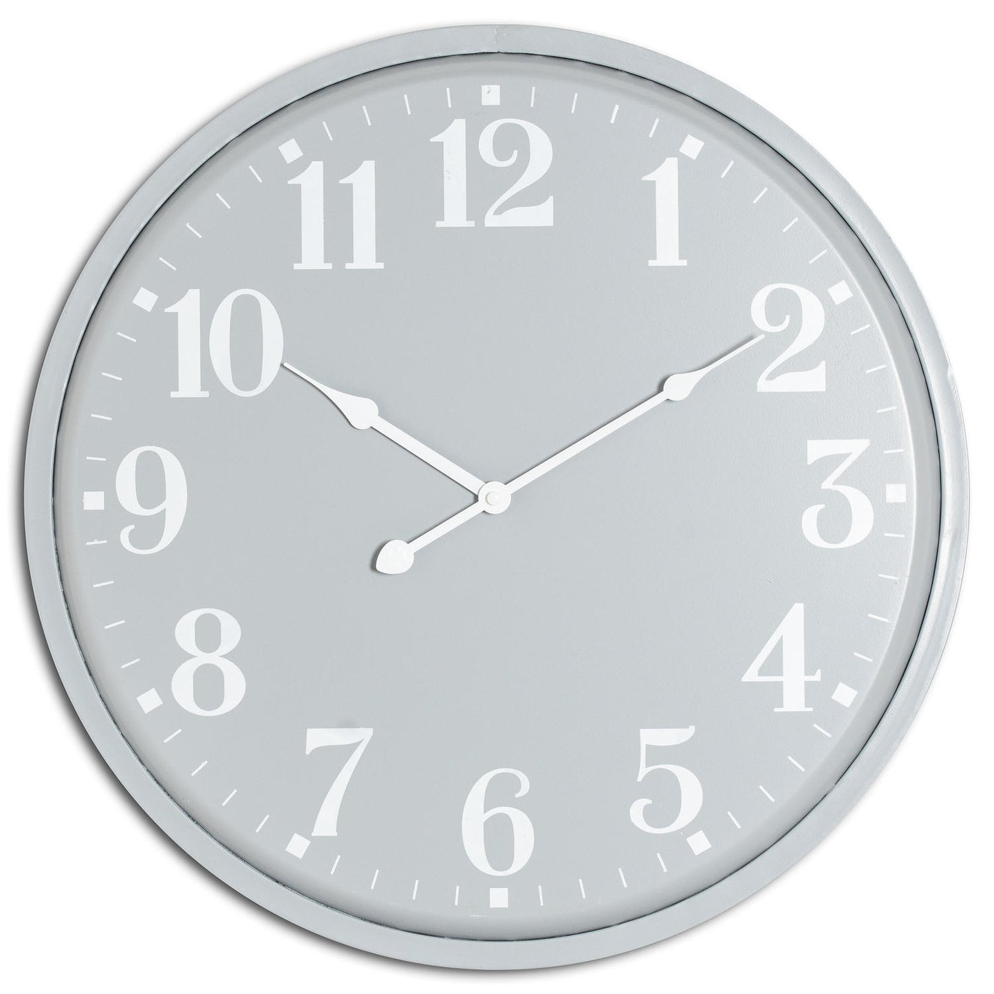 Sophisticated gray wall clock with white numerals and hands, featuring a sleek, minimalist design perfect for modern interiors.