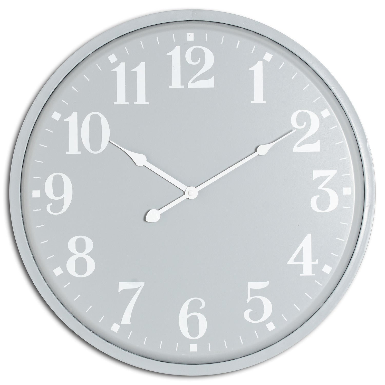 Sophisticated gray wall clock with white numerals and hands, featuring a sleek, minimalist design perfect for modern interiors.