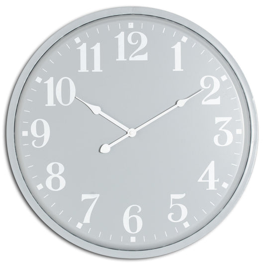 Sophisticated gray wall clock with white numerals and hands, featuring a sleek, minimalist design perfect for modern interiors.