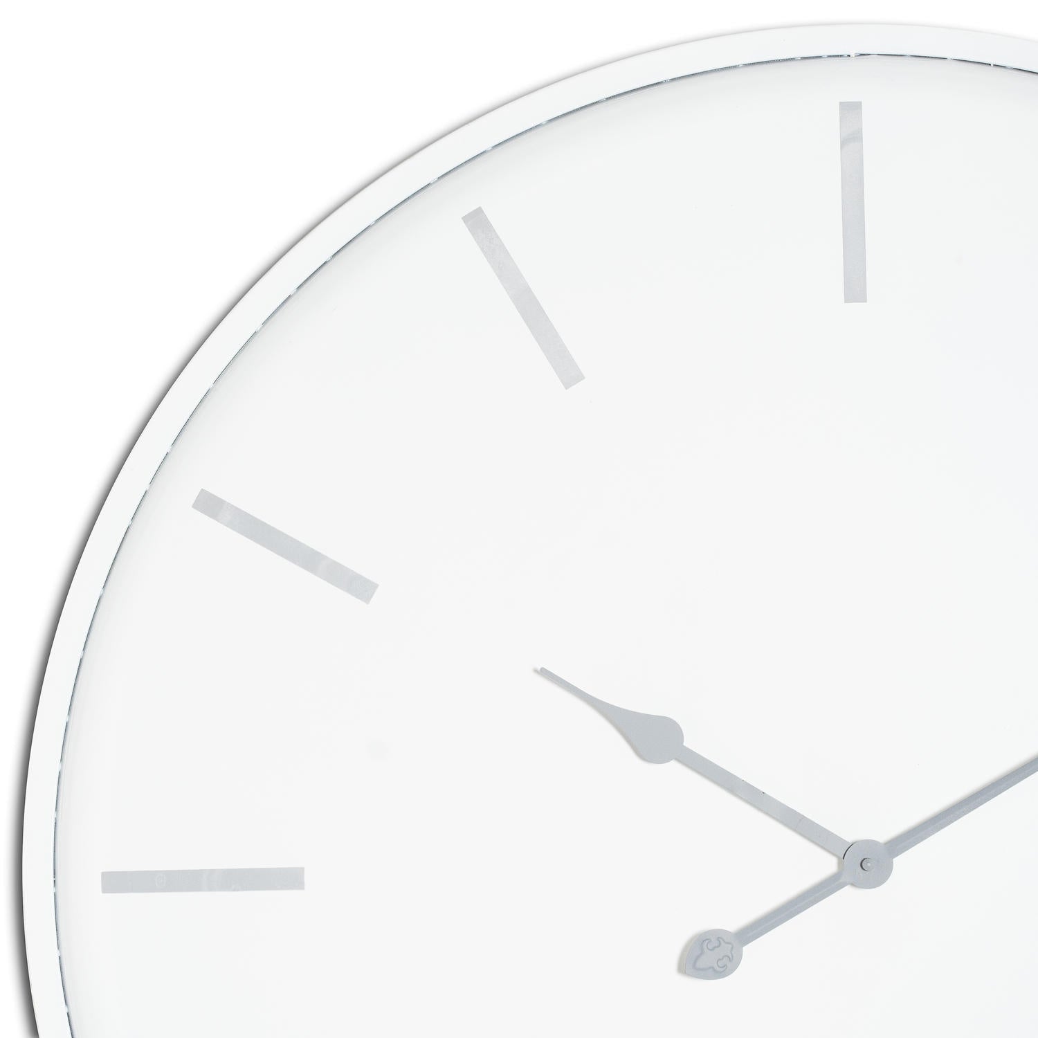 Large white wall clock with a sleek modern design and silver accents, featuring minimalist hour markers and elegant hands.
