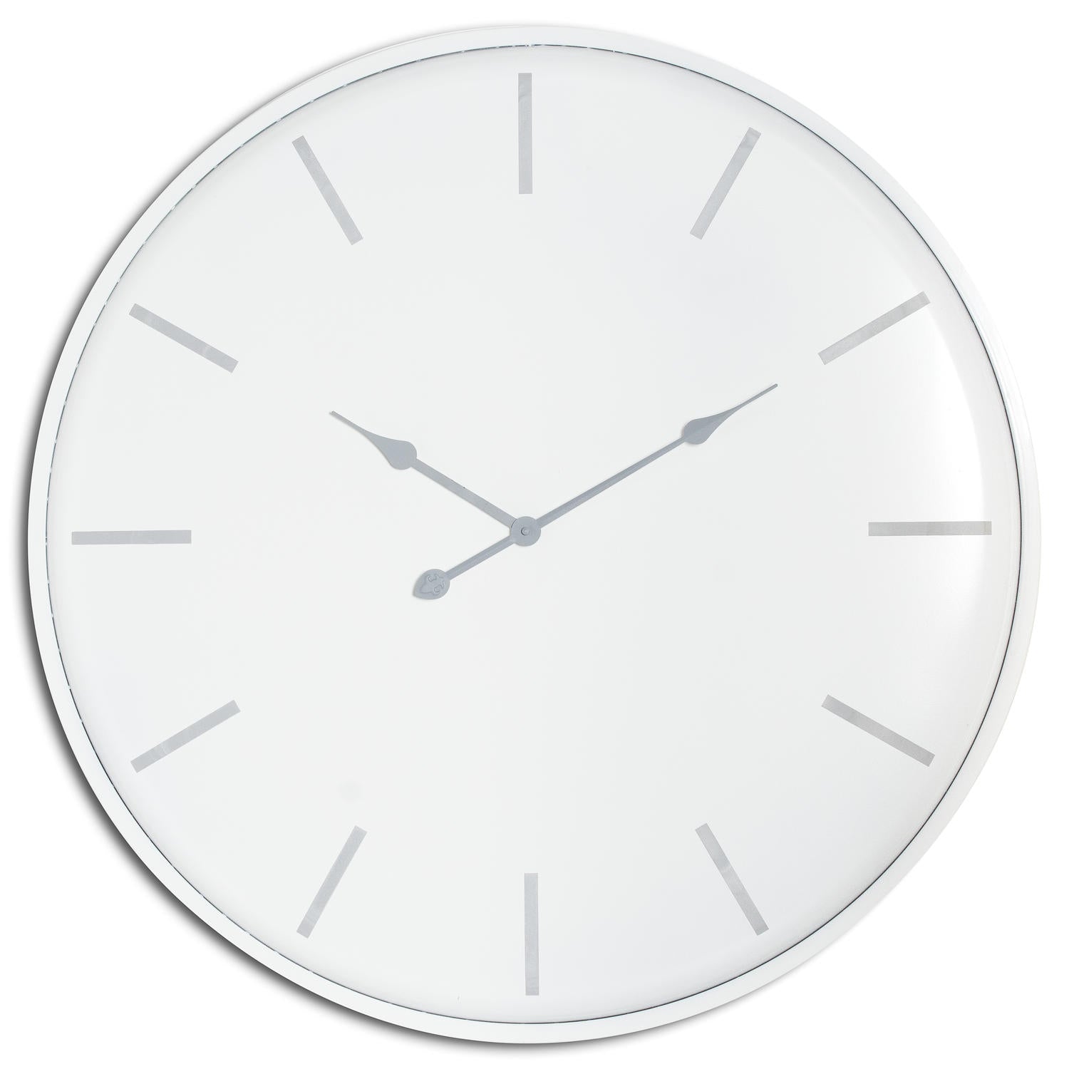 Large white wall clock with a sleek design, featuring silver hands and minimalist hour markers for a modern touch.