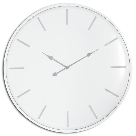 Large white wall clock with a sleek design, featuring silver hands and minimalist hour markers for a modern touch.