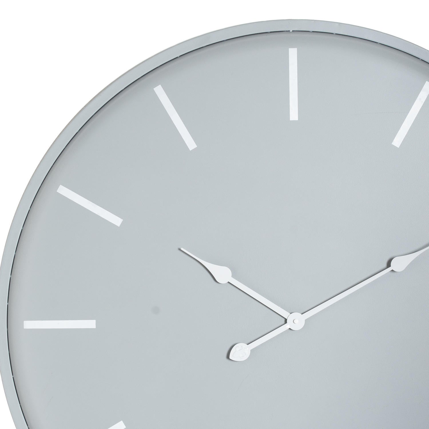 Large gray wall clock with sleek metallic finish, bold white hour markers, and minimalist design, measuring 80 cm in diameter.