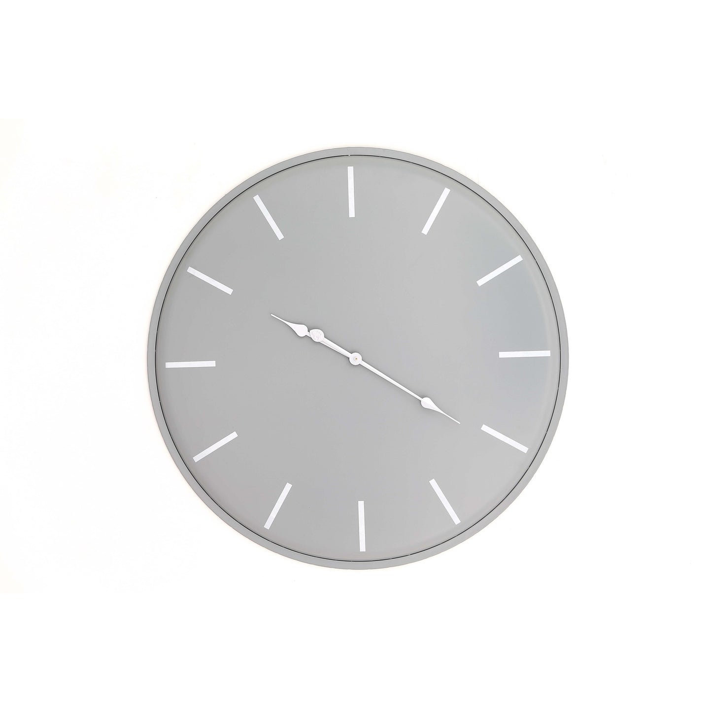 Large, sleek wall clock with a minimalist gray face, white hour markers, and silver hands; measures 80 cm in diameter.