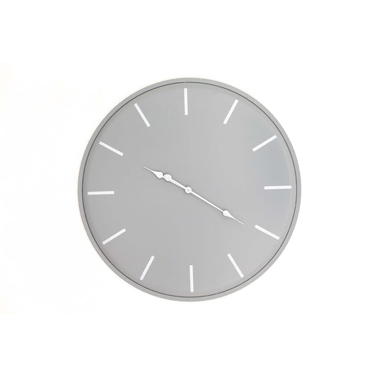 Large, sleek wall clock with a minimalist gray face, white hour markers, and silver hands; measures 80 cm in diameter.