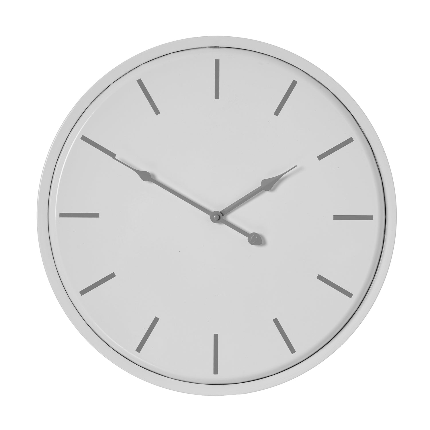 Sophisticated white wall clock featuring an industrial-chic design with minimalist hour markers and sleek metal hands.