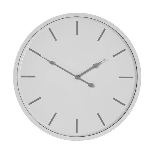 Sophisticated white wall clock featuring an industrial-chic design with minimalist hour markers and sleek metal hands.