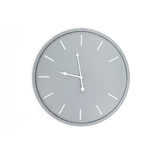 Sleek grey wall clock with minimalist design, featuring white hour markers and hands, perfect for modern interiors.