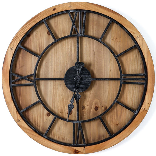 Round wooden wall clock featuring a natural wood finish and black Roman numerals, combining classic and modern design elements.