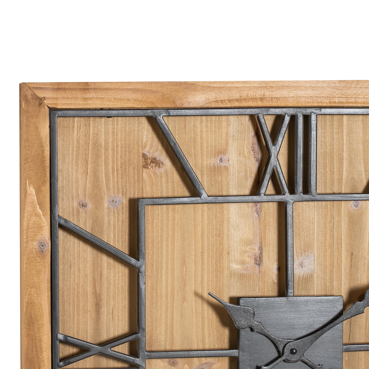 Square wooden wall clock features a natural wood surround, grey metal Roman numerals, and a stylish modern design.
