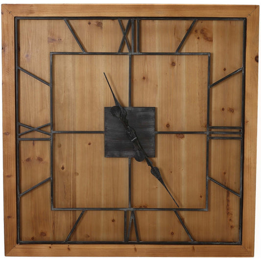 Square wooden wall clock featuring a natural wood finish with grey metal Roman numerals and contrasting black hands, stylish and elegant.