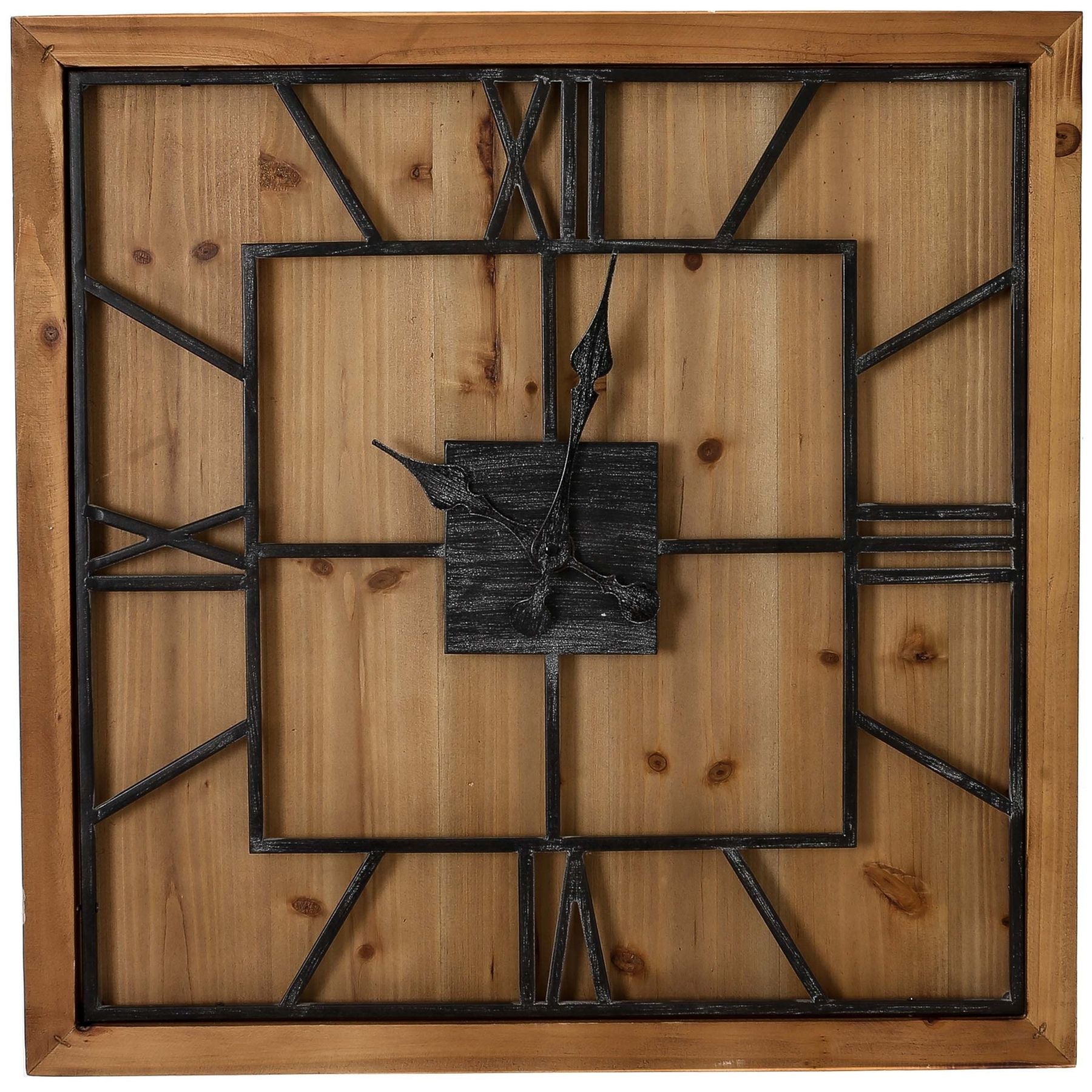Large wooden wall clock with layered grey metal Roman numerals and a natural wood finish, blending rustic elegance with modern design.