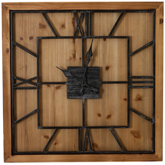 Large wooden wall clock with layered grey metal Roman numerals and a natural wood finish, blending rustic elegance with modern design.