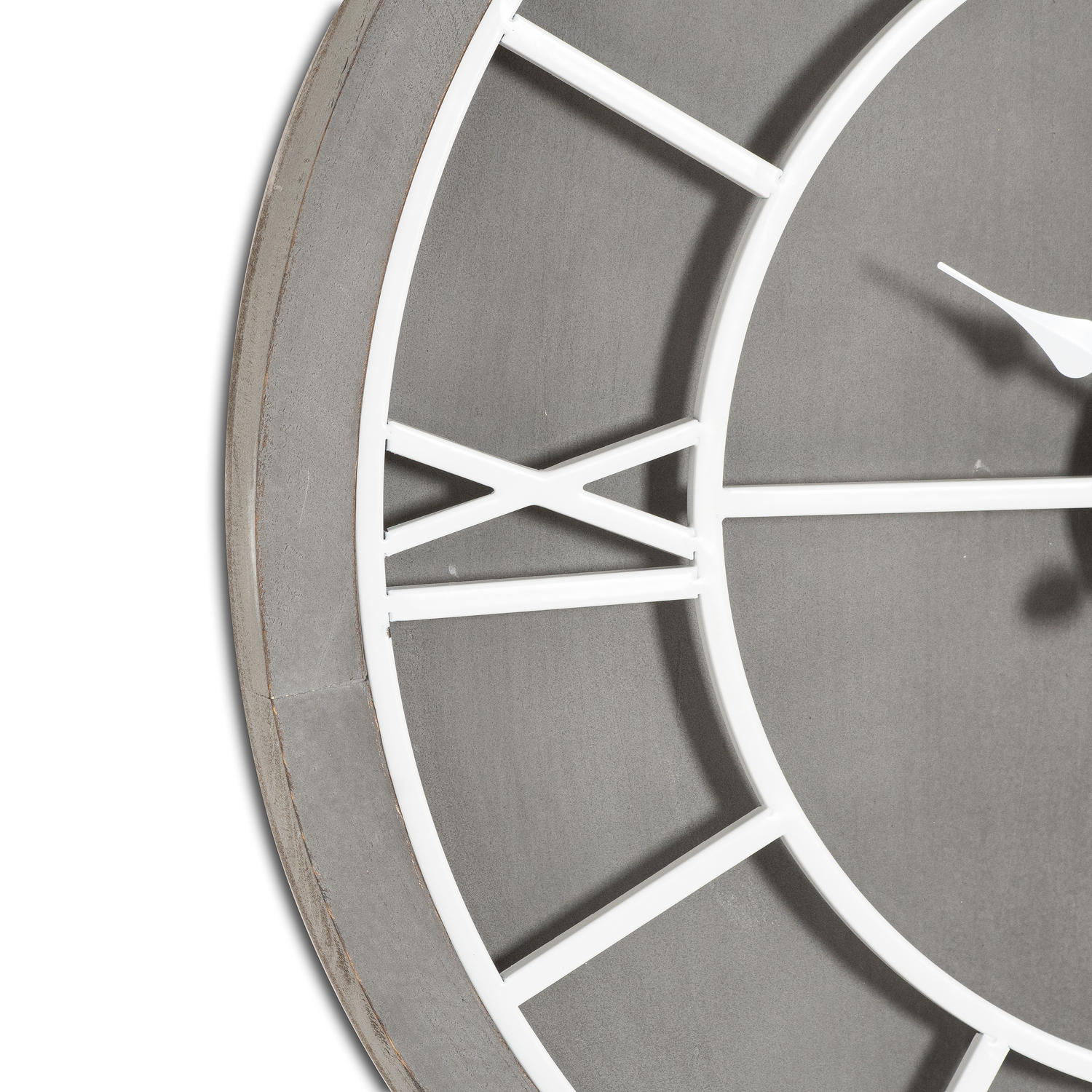 Sleek grey round wall clock with white Roman numerals and a clean, polished finish, adding timeless elegance to any space.