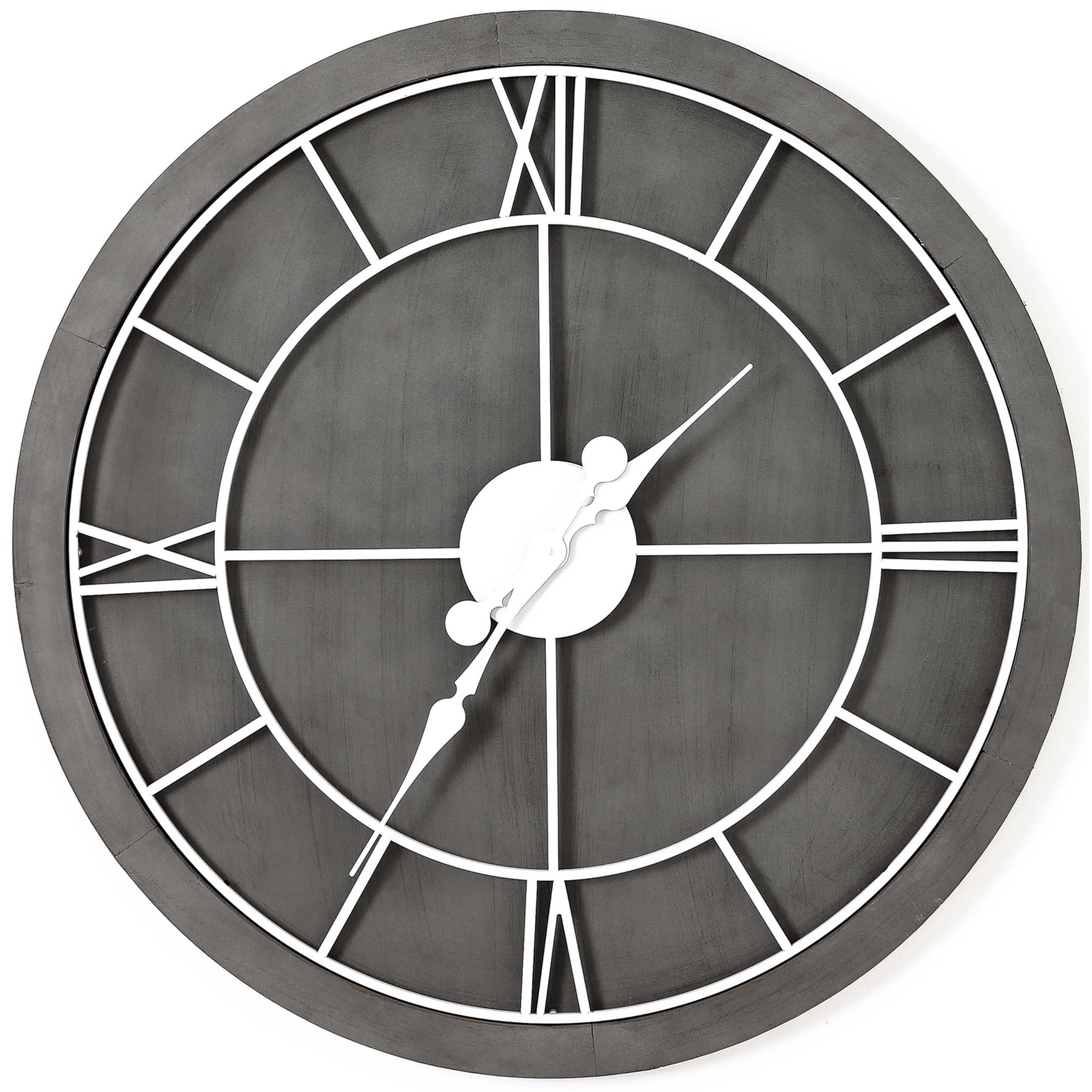 Round wall clock featuring a sleek grey wooden frame and white Roman numerals, combining elegance with modern simplicity.