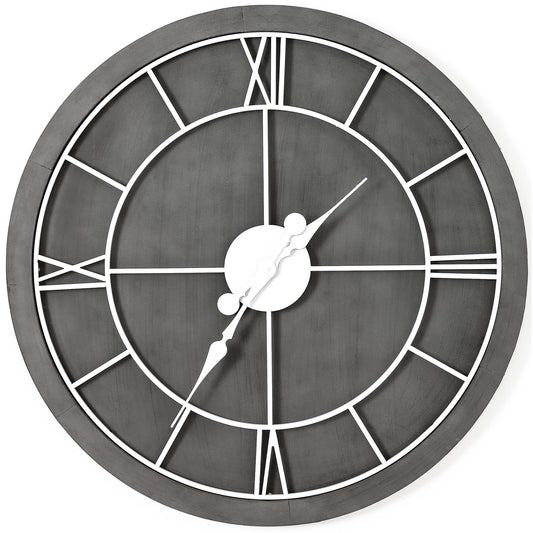 Round wall clock featuring a sleek grey wooden frame and white Roman numerals, combining elegance with modern simplicity.