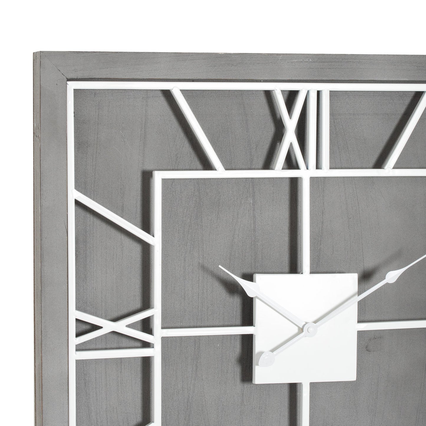 Grey square wall clock with white Roman numerals and sleek metal accents, offering a sophisticated touch for home decor.
