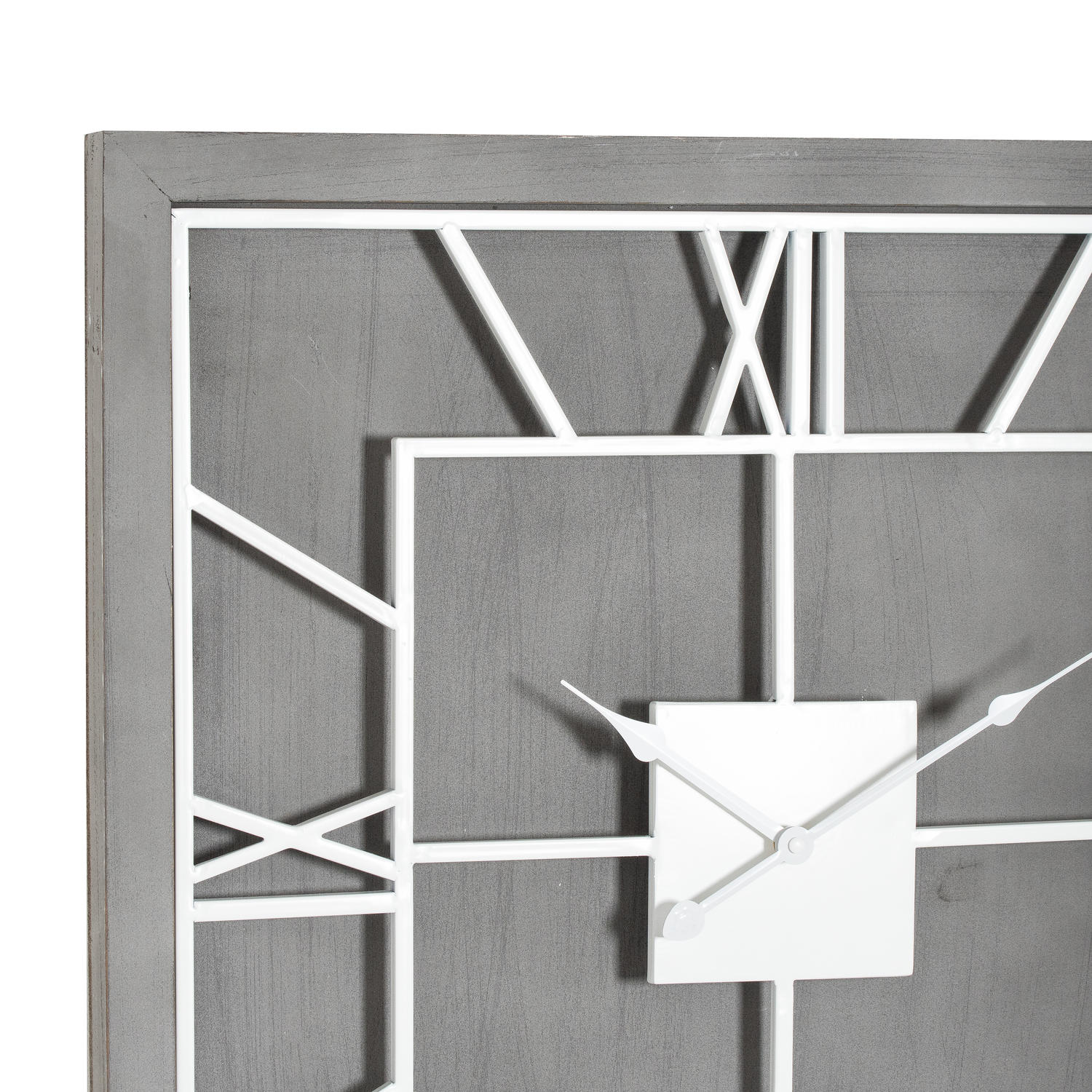 Grey square wall clock with white Roman numerals and sleek metal accents, offering a sophisticated touch for home decor.