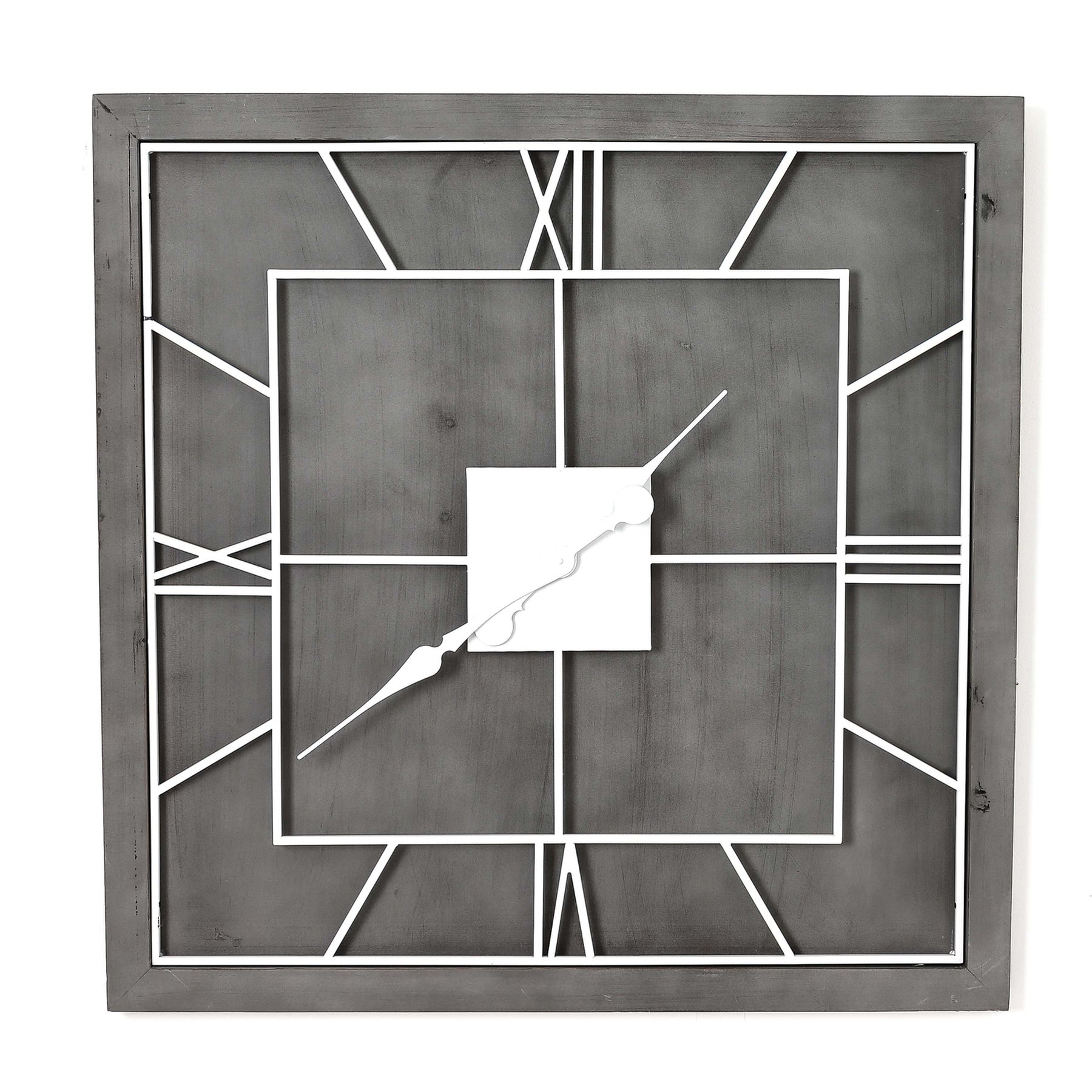Square wall clock featuring a classic grey frame, white Roman numerals, and metal accents for a sophisticated look.