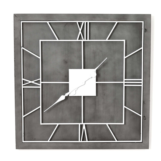 Square wall clock featuring a classic grey frame, white Roman numerals, and metal accents for a sophisticated look.