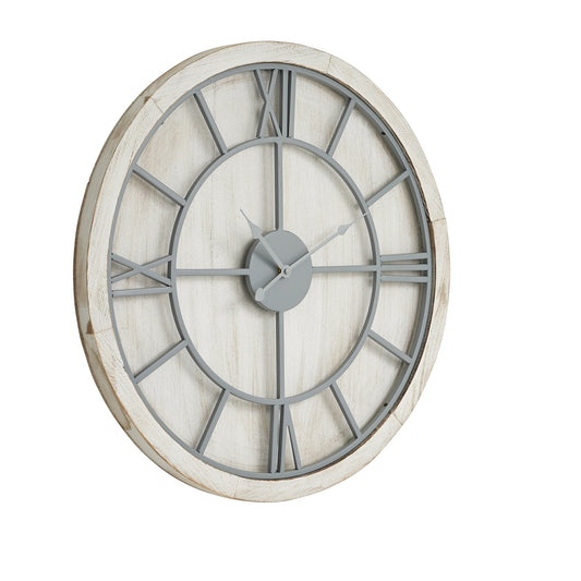 Round wall clock with light grey Roman numerals and a white washed wood frame, offering elegant style for any decor.