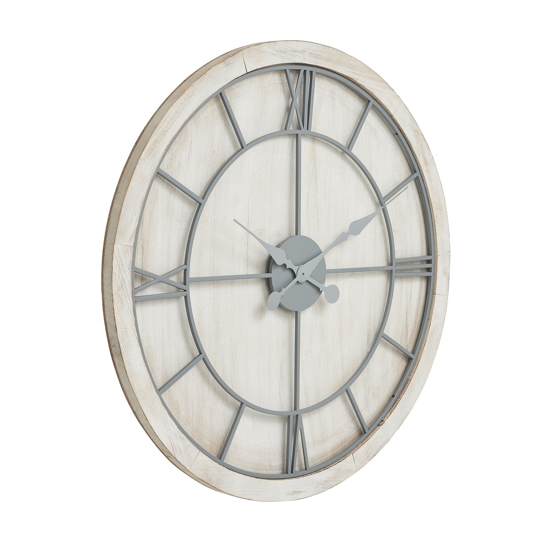 Elegant round wall clock featuring a white washed wood frame and light grey Roman numerals for easy readability.
