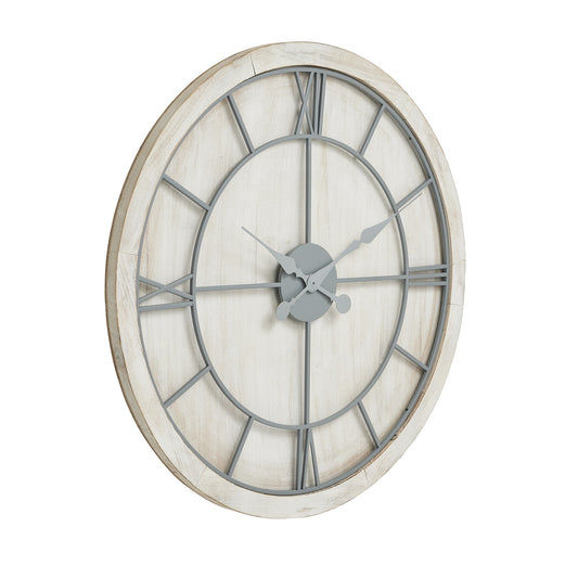 Elegant round wall clock featuring a white washed wood frame and light grey Roman numerals for easy readability.
